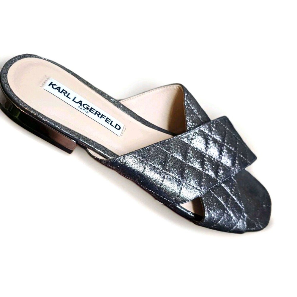 Karl Lagerfeld Paris Rae Metallic Gunmetal Size 9B Quilted Slides Flats